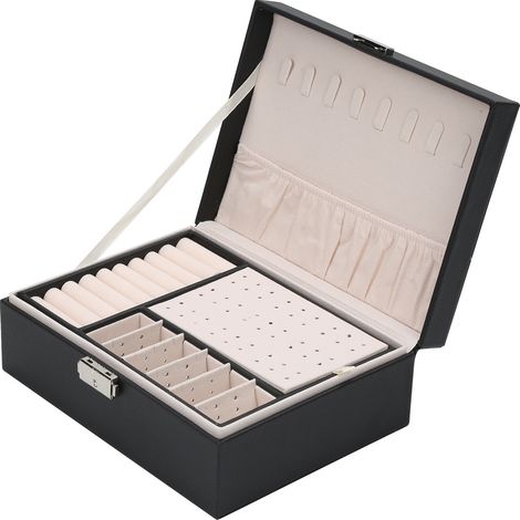 TolleTour Boîte à bijoux Coffret à Bijoux Rangement Organiseur à double couche avec serrure Noir Coffret Bijoux Verrouillable Jewelry Stockage