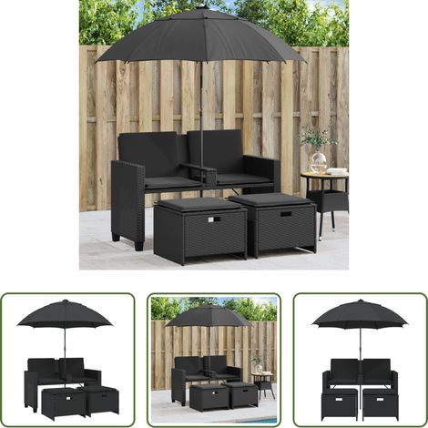 Sonnenschirm - Gartensofa 2-Sitzer Sonnenschirm und Hocker Schwarz Poly-Rattan (1/5)