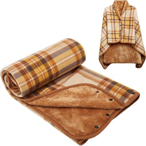 Manta de punto de felpa de alta calidad, manta tipo cojín a cuadros, bufanda cortavientos cómoda con botones, para cama, sofá u oficina. (1/5)