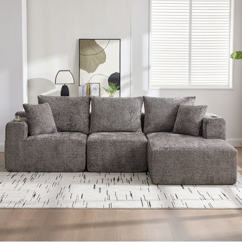 Divano angolare modulare 261x165x80.5 cm grigio scuro in ciniglia con seduta profonda e portabicchieri (1/5)