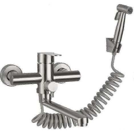 Grifo monomando mural para cocina con rociador extraíble y pistola pulverizadora, de acero inoxidable, agua fría y caliente para fregadero y bañera. (1/5)
