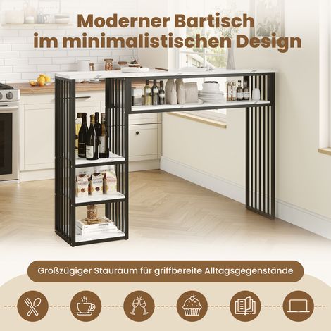 Table haute de bar avec rangement, 140x40x105 cm, plateau MDF effet marbre, 3 tablettes, piètement métal noir, comptoir de cuisine pour cuisine, salle à manger et coin repas. (1/5)