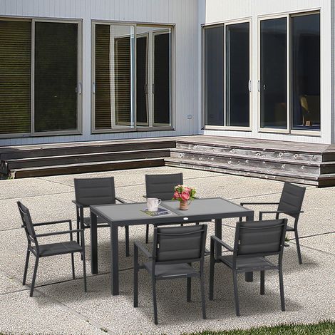 Set da Giardino con Tavolo Allungabile in Vetro e 6 Sedie con Seduta Traspirante, Grigio Scuro