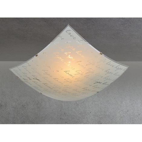 LED Deckenleuchte mit Glasschirm Weiß & Schriftdekor, Quadrat 40cm (1/5)