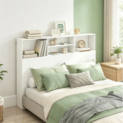 Cabecero para cama de 140 cm con 4 huecos abiertos, blanco, 140x19x103,5 cm OKMYHOME (1/5)