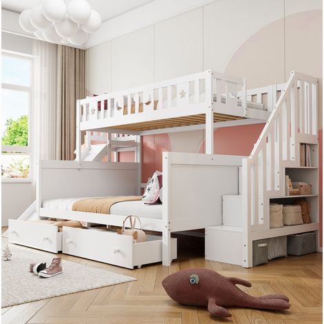 Letto a castello bimbi 90x200/140x200 in legno bianco con scivolo, senza materasso – MEUBLIV (1/5)