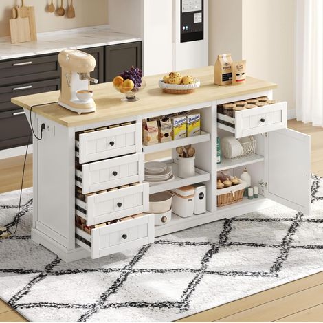 Sideboard,Kücheninsel, Bar-Schrank mit 5 Schubladen, 2 Ausziehböden, klappbarer Erweiterungsplatte und integrierten Steckdosen, für Küche, Esszimmer und Wohnzimmer, Weiß, 150×65×75 cm