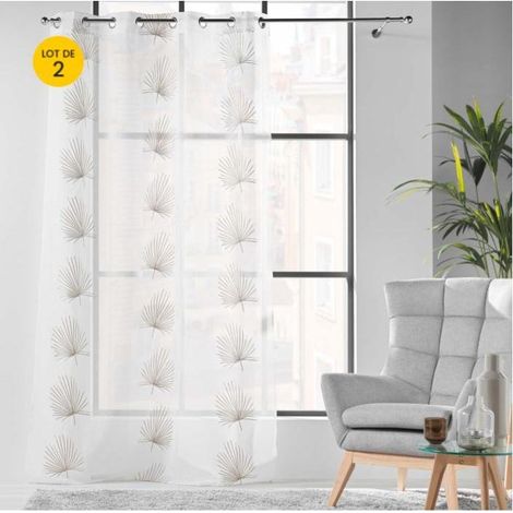 Lot de 2 Voilages a oeillets 140 x 240 cm voile sablé brodé Palmaris Beige (1/5)