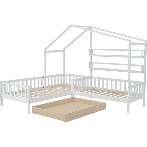 Lit d'enfant Lit de maison avec tiroirs et étagères, en bois massif avec clôture et sommier à lattes, structure en L, blanc (90x200 cm+140x70cm) (1/5)