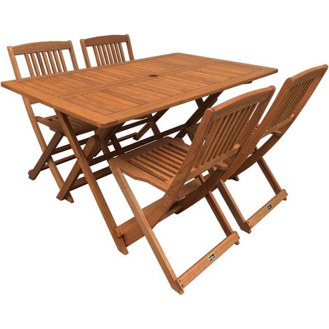 Habitat Et Jardin – Salon de jardin repas 4 places – Table pliante 135x80cm en bois massif – Chaises pliantes en bois de Malaisie – Marron clair (1/4)