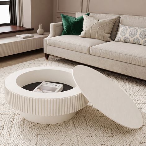 Table basse ronde de 75 cm avec rangement, en placage bois massif, style moderne, idéale pour le salon, la chambre, un appartement ou un bureau, couleur blanc crème. (1/5)