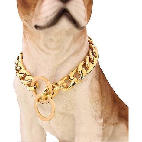 Goldene Hundehalsbandkette mit Stahlschnalle, Breite: 14 Zoll (ca. 35,5 cm), Edelstahl-Kubanische-Gliederkette (Gold) (1/5)