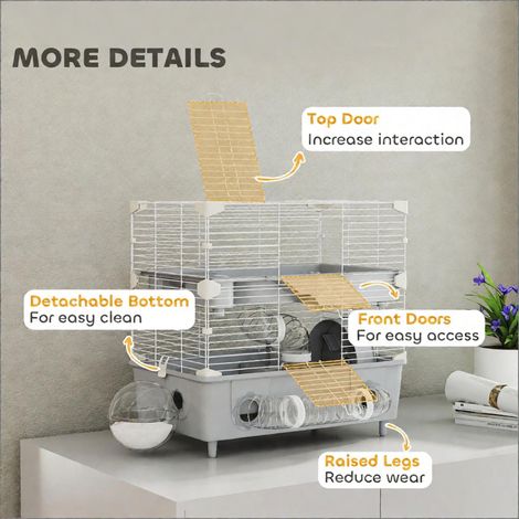 Cage grise à double compartiment pour hamster avec bac à sable, roue et tube pour biberon (1/5)
