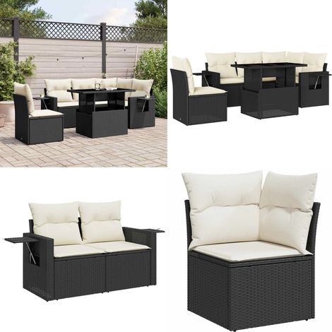 Salon de jardin 6 pcs avec coussins noir résine tressée - Ensemble Salon De Jardin - Meuble Extérieur - Résine Tressée - Rotin Synthétique - Table Extensible - Home & Living (1/5)