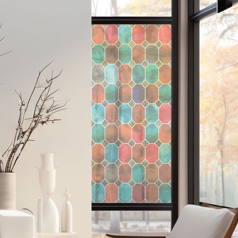 Stickers décoratifs électrostatique, octogones effet dépoli, géométrique, raccordable, effet vitrail, 150 cm X 67,5 cm (1/2)
