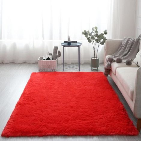 Tapis Salon Peluche Rectangulaire 120 x 160 cm Doux Moelleux Tapis de Chambre Maison Carpet Rouge (1/3)