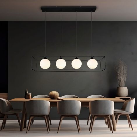 Lampada a sospensione lampada a sospensione lampada da soggiorno lampada da tavolo da pranzo, metallo nero vetro bianco, 4 lampadine E14 regolabile in altezza, H 150 cm (1/5)