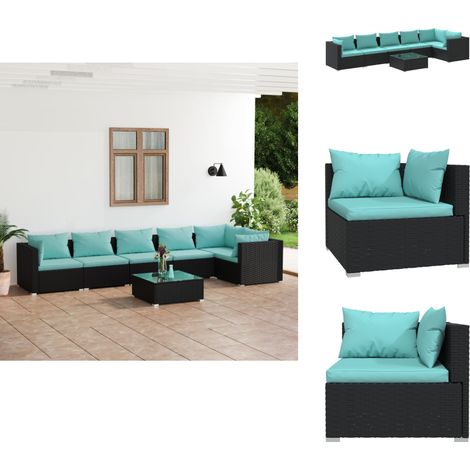 The Living Store Salon de jardin 7 pcs avec coussins Résine tressée Noir - Canapé d'angle (1/5)