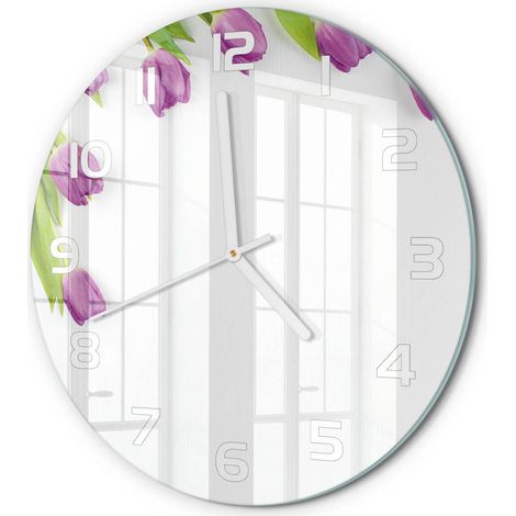 Horloge Murale Ronde Verre Trempé Silencieuse Décorative Salon Chambre Tulipes violettes fi 30 cm (1/5)