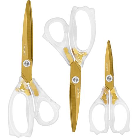 Lot de 3 ciseaux acryliques avec revêtement en titane avec manche ergonomique en ABS - ciseaux multi-usages - Pour la couture et la maison - Transparents et dorés (1/5)