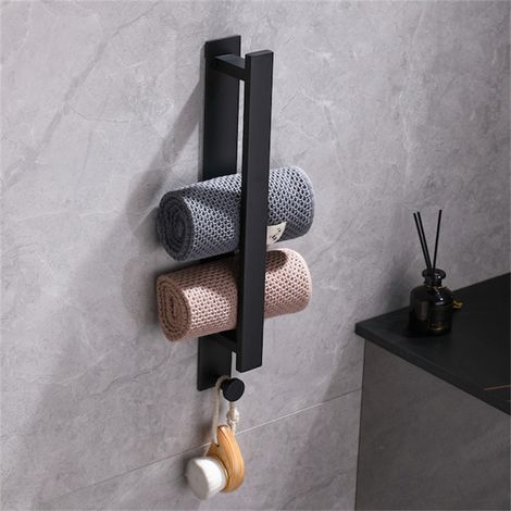Toallero de pared autoadhesivo de acero inoxidable negro de 35 cm con gancho para baño y cocina.