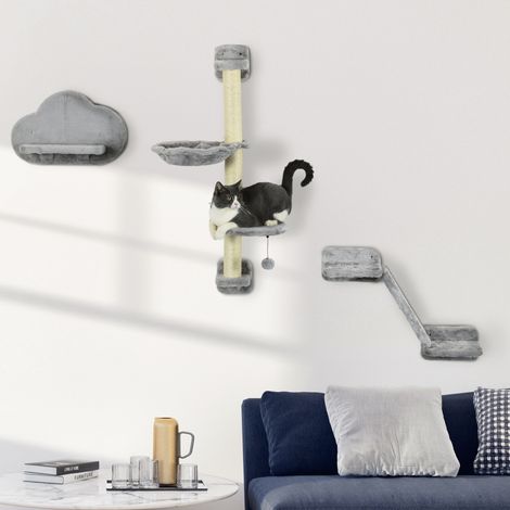 Grise - Ensemble de mur d’escalade en trois parties pour chats doté de rampe hamac avec plateforme en forme de nuage griffoir