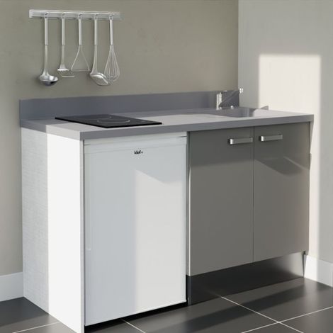 Kitchenette K17L - 140 cm - plan monobloc évier intégré Cromo- évier à droite - Façades Gris + Electroménager inclus coloris Blanc
