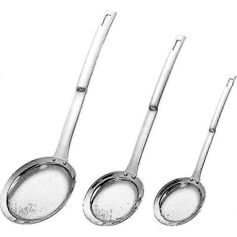 Ensemble de 3 passoires en acier inoxydable, multifonctionnelles, pour égoutter et écumer, grandes, moyennes et petites, idéales pour la cuisine, la pâtisserie, les fondues et les pique-niques. (1/5)
