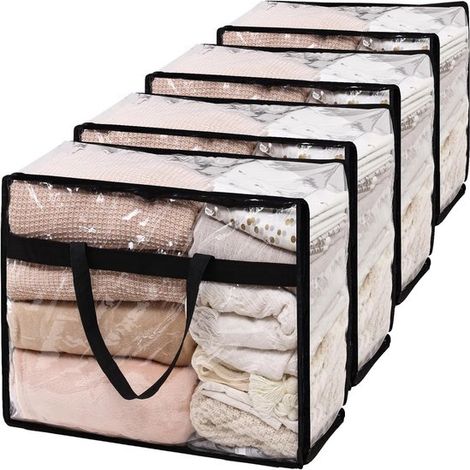 Lot de 4 sacs de rangement transparents en vinyle de 60 L pour couvertures, couettes et linge de lit - avec fermetures éclair et sangles renforcées (1/5)