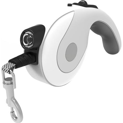 Retractalb Laisse pour chien avec lampe de poche LED intégrée 3,6 m en nylon avec verrou coulissant et bouton poussoir alimenté (blanc)