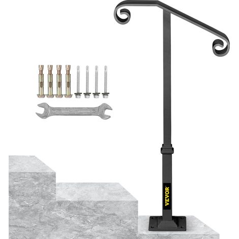 Rambarde simple gris foncé pour 1 ou 2 marches. Rambarde en fer forgé à poteau unique. Rambarde ornementale pour escalier extérieur avec quincaillerie. (1/5)