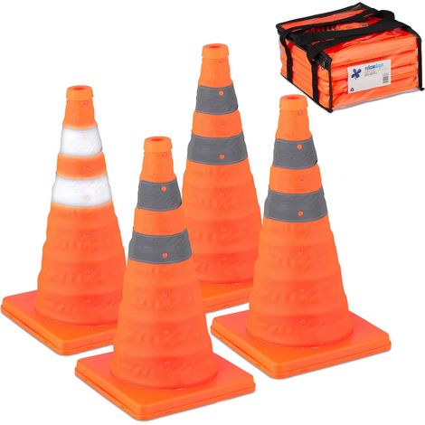 Relaxdays Pylonen groß, 4er Set Leitkegel faltbar, Reflektor-Streifen, Faltkegel, HBT 45 x 24,5 x 24,5 cm, orange/silber