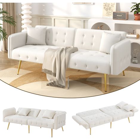 Canapé convertible 2 places en velours 2-en-1 – Dossier 3 positions accoudoirs 6 réglages pieds métal doré – Canapé-lit pour salon – 175 x 82 cm – Blanc (1/5)