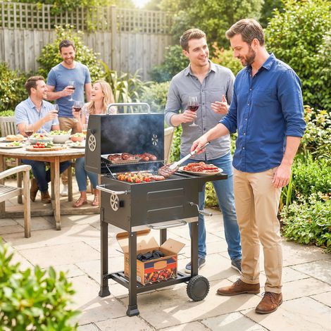 Grill à charbon bois Chariot à grills compacts couvercle thermomètre Grill à grille Table d’appoint cendrier Bouches d’aération