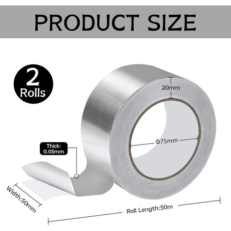 2 Rouleaux de Ruban Aluminium 50 mm x 50 m Ruban Adhésif Alu Autocollant Argenté Résistant à la Chaleur pour Scellement, Isolation & Réparation (1/4)