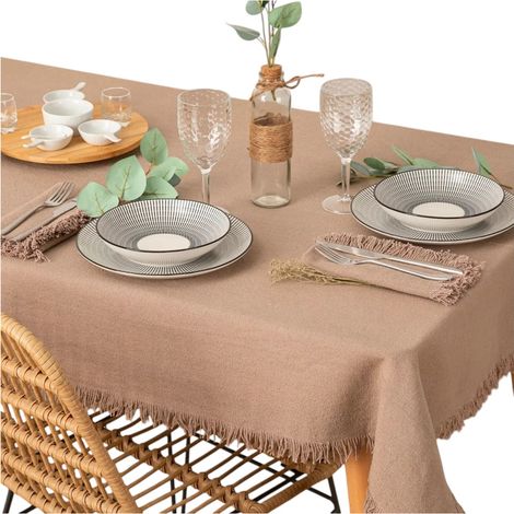 Nappe en coton a franges 150 x 250 cm gris - Chic et élégante (1/2)