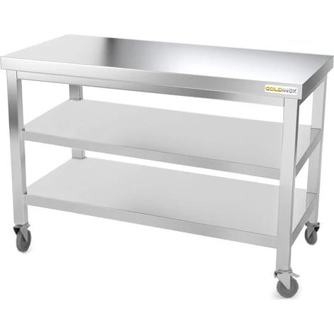 Table de travail en inox 1400 x 700 mm avec 2 étagères sur roulettes PREMIUM - GOLDINOX (1/4)
