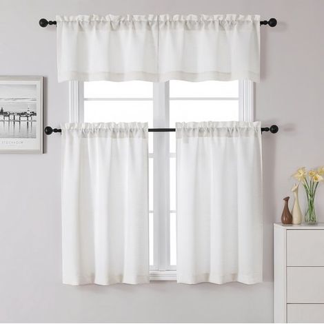 Set di 3 tende da cucina in puro lino bianco, 75x36 cm e 76x114 cm (1/5)