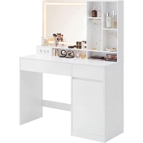 Coiffeuse moderne avec miroir lumineux rangement bijoux 40 x 110 x 138 cm en MDF blanc nuage (1/2)