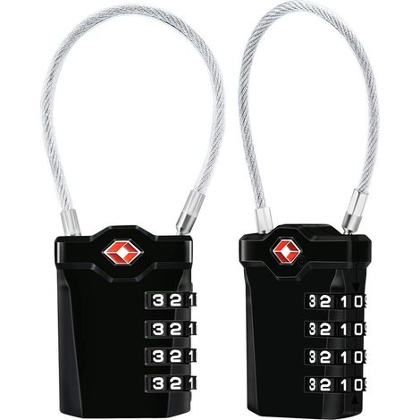 Cadenas à bagages TSA lot de 2, cadenas à combinaison 4 chiffres avec câble flexible de 14 cm, cadenas de voyage sécurisé pour valise, sacoche et bagage, noir (1/5)