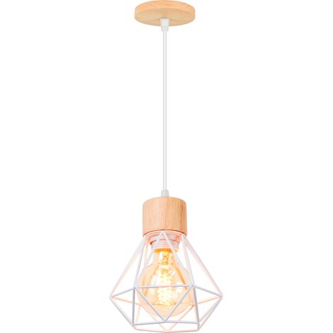 E27 Lampes Suspension Industrielle Vintage Lustre Suspension en Métal Cage et Bois Ø15,5CM Blanc - 1Pcs