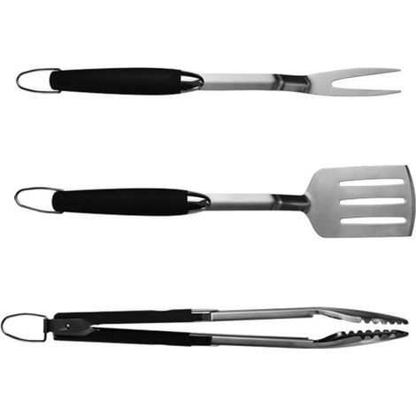 Juego de utensilios para barbacoa - Acero inoxidable negro: tenedor, pinzas y espátula con mango de silicona (1/2)