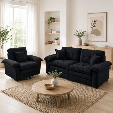 Ensemble canapé 2 pièces noir en chenille, fauteuil + canapé 2 places avec coussins et assise profonde,116x84x96 cm (1/5)