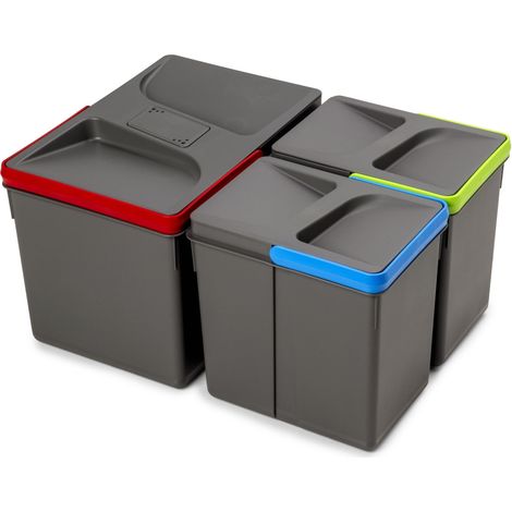 Emuca Contenedores para cajón de cocina Recycle con tapa anti olores, Altura 216mm, 1x12litros, 2x6litros, Plástico gris antracita