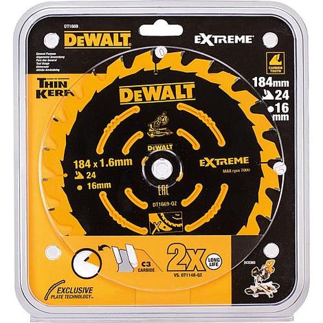 Dewalt – Lame de scie circulaire 184mm – 24 dents pour bois dur et mélamine – Alésage 16mm – Épaisseur 1,6mm – Compatible scies à onglets et radiales