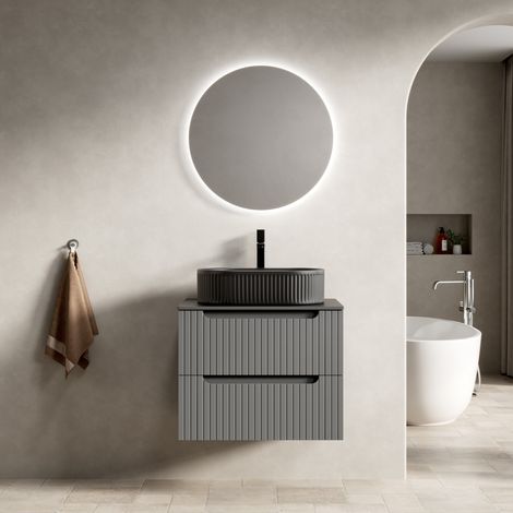 Badezimmer Waschtisch 60.0x46.0x62.2 cm, ovales Keramikbecken, Soft Close Schubladen, Sinterstein, Schwarz, Dunkelgrau (1/5)