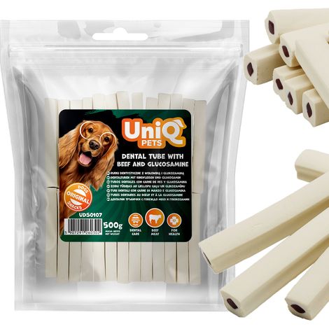 Tubetti dentali con manzo e glucosamina UniQ Pets 500 g Snack per cani (1/5)