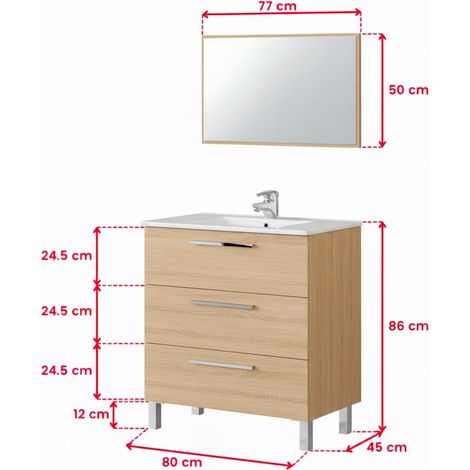 Mobile Bagno A Terra Con 3 Cassetti Lavabo In Ceramica E Specchio 77 x 50 Cm Inclusi Design Moderno Salvaspazio Elegante E Funzionale 80 x 45 x 86 Cm Colore Rovere Chiaro - Colore: Rovere Chiaro