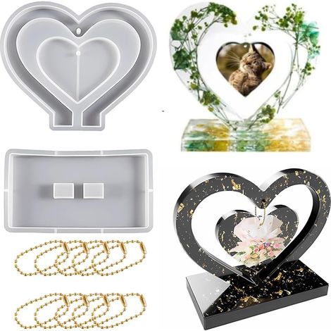 Grands moules en résine époxy, cadre photo en résine époxy en forme de cœur avec petit pendentif en forme de cœur, moule en silicone, décorations de bureau en résine pour décorations de (1/5)