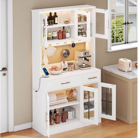 Weiße Küchenschrank-Anrichte 100 x 40 x 180 cm, 6 Türen, 2 Schubladen, LED OKMYHOME (1/5)